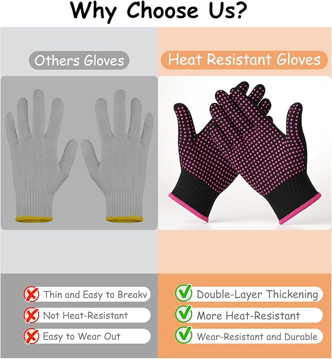 Heat Resistant Gloves for Hair Styling, 2 Pairs Black and Rose Pink, Curling Iron Gloves, Heat Protective Gloves for Hair Stylists, Salon Professionals, Home Use ﻿