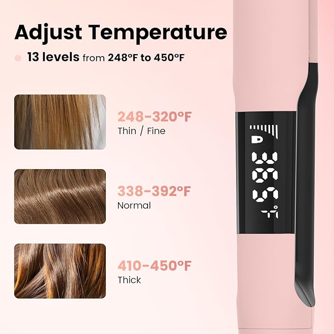 PRITECH Flat Iron Hair Straightener and Curler 2 in 1, Titanium Flat Iron with Negative Ions, Adjustable Temp(248℉-450℉) and Automatic Shut Off (Pink)