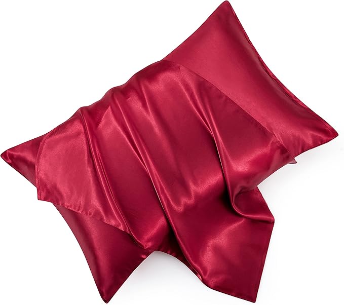 Wine Red Satin Pillowcase Standard Set of 2 with Envelope Closure，Wine Red Silk Pillowcase for Hair and Skin (20x26)