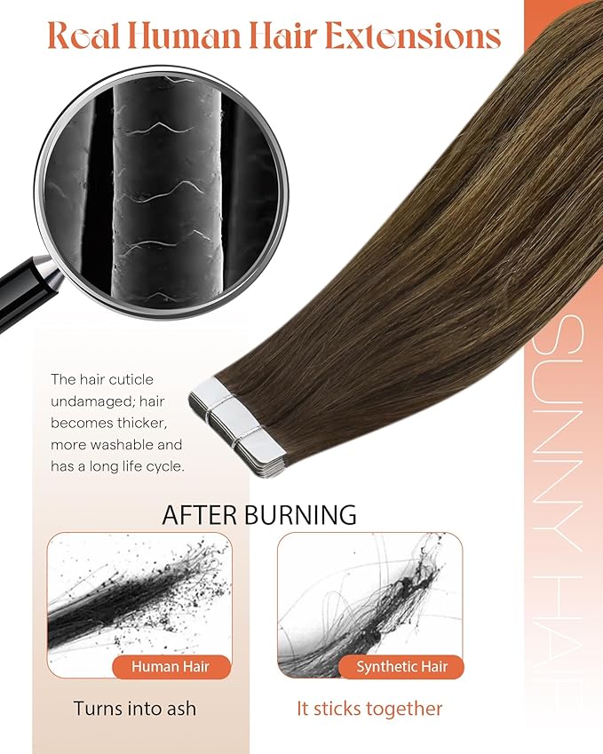 Sunny Hair Tape in Hair Extensions Real Human Hair Invisible Remy Hair Extensions Tape ins for Women Dark Brown Root to Caramel Blonde Balayage 24 inch 20Pcs 50G