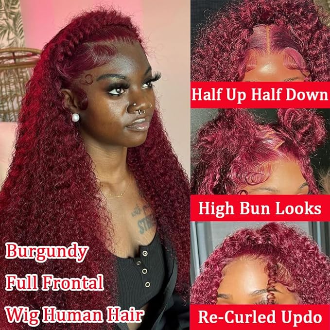 18 Inch Burgundy Deep Wave Lace Front Wigs Human Hair 13x6 HD Frontal Human Hair Red Curly Lace Front Pre Plucked Burgundy Deep Curly Wigs For Black Women 200 Density
