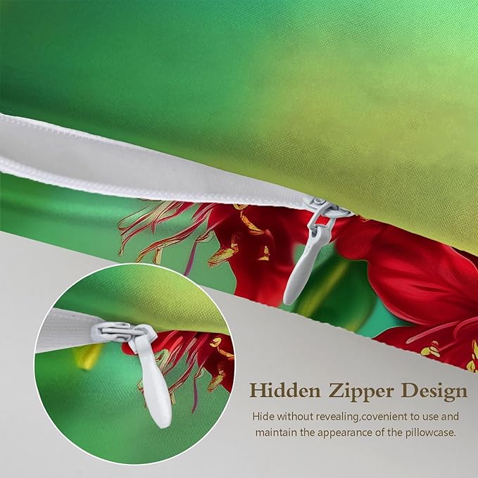 Satin Pillowcase with Zipper for Hair and Skin Humming Bird and Red Flowers 1 Pack Soft Silk Pillow Case Standard Size Wrinkle-Free Smooth and Cooling Satin Pillow Cover 20”x26”