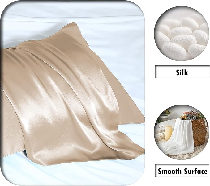 Natural Mulberry Silk Pillowcase for Hair and Skin Standard Size 20"X 26" with Hidden Zipper Soft Breathable Smooth Cooling Covers for Sleeping(Champagne,Standard,1Pcs)