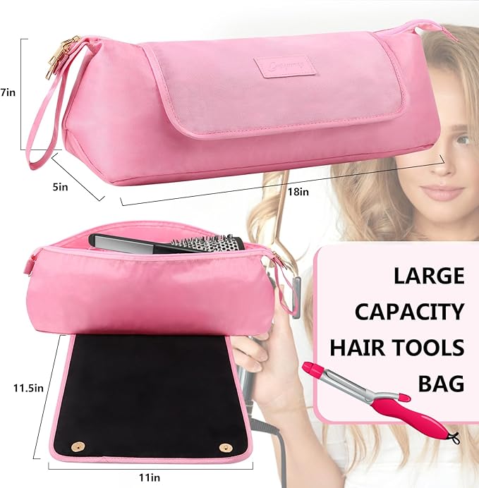 Large Hair Tools Travel Bag with Heat Resistant Mat for Straighteners, Curling Iron, Haircare Accessories, Hair Styling Tools Bag with Silicone Mat (Pink)