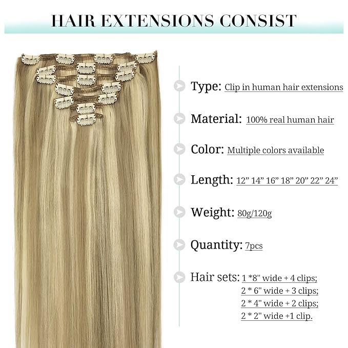 DOORES Hair Extensions Clip in Ombre Light Blonde Highlighted Golden Blonde 7pcs 24Inch Clip in Human Hair Extensions Remy Natural Hair Extensions Straight Thick 120g