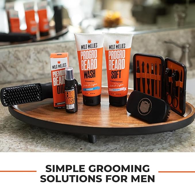 Wild Willies Beard Grooming Kit - Beard Straightener for Men, PROGRO - Fortified with Biotin & Caffeine for Hair Growth, Wash, Hydration - Ionic 2-in-1 Heated Comb Brush, Made in USA