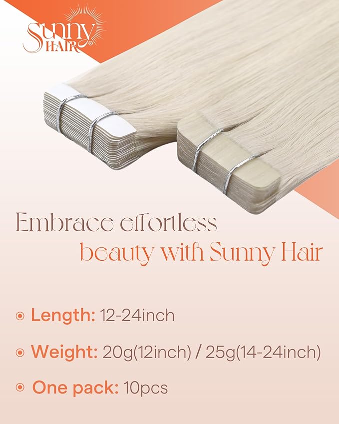 Sunny Hair Tape in Hair Extensions Real Human Hair Invisible Remy Hair Extensions Tape ins for Women White Blonde 16 inch 25G