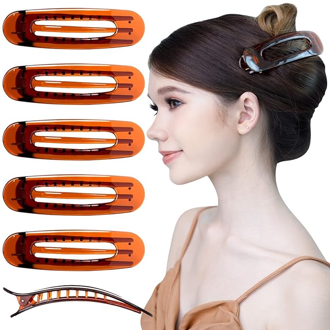 RC ROCHE 6 Pcs Flat Claw Hair Clips for Women Lay Down Barrettes No Crease Side Slide Thick Long Hair Duckbill French Against Head Jaw Claw Styling Clamp, Medium Brown
