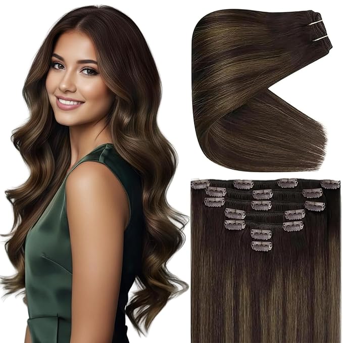 Ve Sunny Clip in Hair Extensions Dark Brown Balayage Medium Brown Real Hair Extensions Clip in Human Hair 14inch Human Hair Clip in Extensions Black Woman 100g
