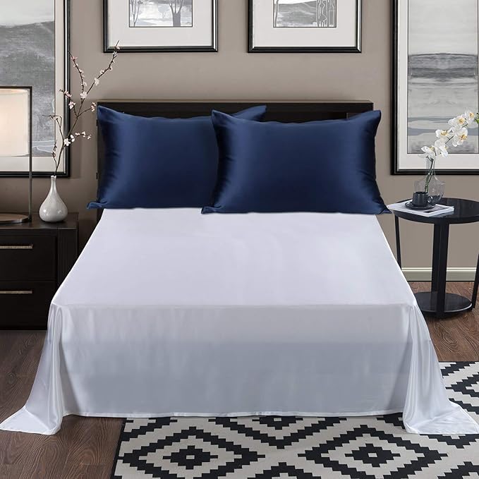 ALASKA BEAR Silk Pillowcase Envelope Closure, 22 Momme 100 Percent Mulberry Silk Pillow Slip Foldover Design, Washable and NO Zipper, Queen(1, Navy)