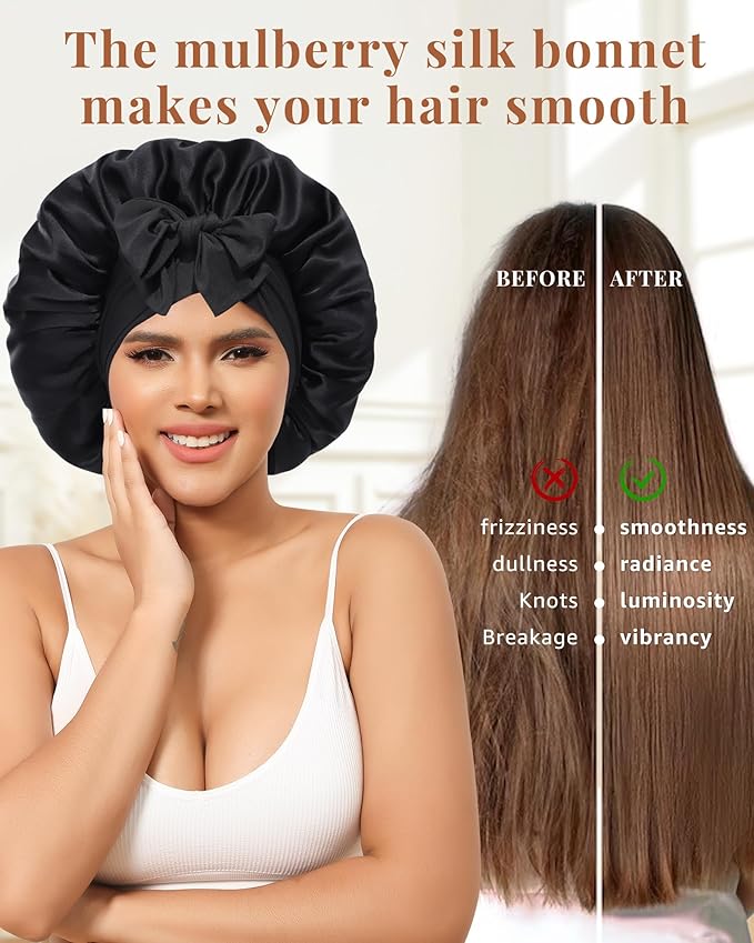 AWAYTR Silk Bonnet for Sleeping Women 100% Mulberry Silk Bonnet with Band 2 Layer Reversible Hair Bonnet Sleeping Hair Wrap (Silk, Black/Green)