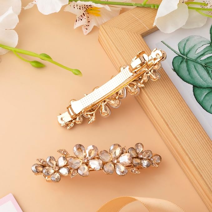 Joez Wonderful Rhinestone Hair Clips, Bridal Hair Accessories for Women, Sparkly Crystal Hair Pins, Fancy Hair Barrettes for Wedding, Bride, Long Hair (Champagne Flower, 1 Pcs)