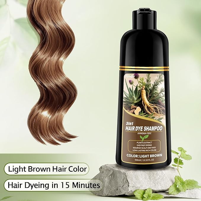Light Brown Hair Dye Shampoo, 100% Gray Coverage Color Shampoo for Women Men, Natural Herbal Ingredients Semi-Permanent Hair Dye