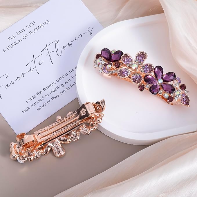 Joez Wonderful Rhinestone Hair Clip Sparkly Crystal Barrettes French Wedding Prom Engagement Pageant First Communion Hair Decorative Accessories for Women Bride Thick Long Hair (Flower Purple, 1 Pcs)