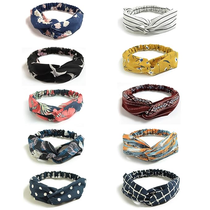 DRESHOW 10 Pack Boho Headbands for Women Girls Criss Cross Elastic Hair Band Twisted Head Wrap Floral Hair Accessories