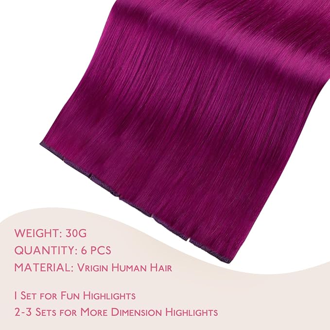 WENNALIFE Violet Clip in Hair Extensions Real Human Hair 35g 6pcs 18 Inch Colored Hair Extensions for Kids Women Colorful Hair Pieces Pop-up Style Straight Extensiones De Cabello Humano Con Clip
