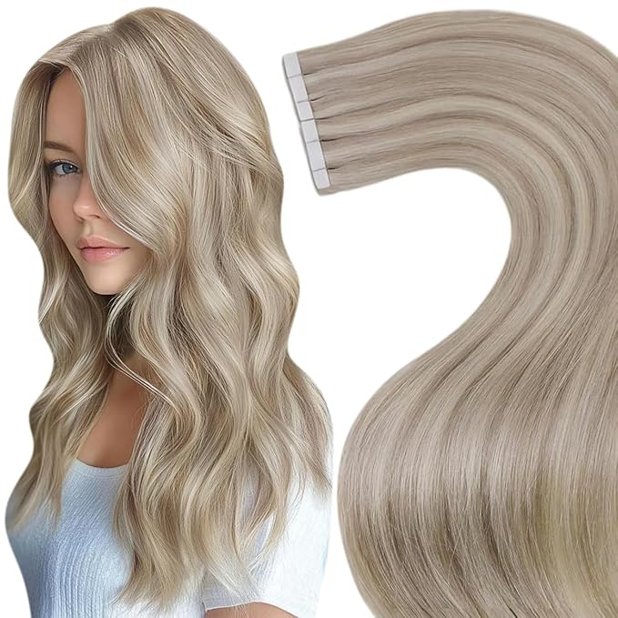 LaaVoo Tape in Hair Extensions Human Hair Blonde Tape in Extensions Human Hair Bleach Blonde Highlights with Ash Blonde50G 20Pcs 22Inch