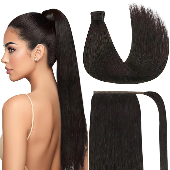 Ve Sunny Brown Clip in Hair Extensions Ponytail Wrap Around Silky Straight 16inch Remy Human Hair Ponytail Extensions Solid Dark Brown Hair Extensions Pony Tail 80g
