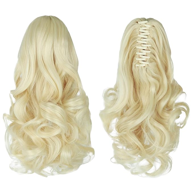 Ponytail Extension, Clip on Ponytails for Women, 12" Claw Clip in Short Curly Wavy Pony Hair Extension for Women - Bleach Blonde