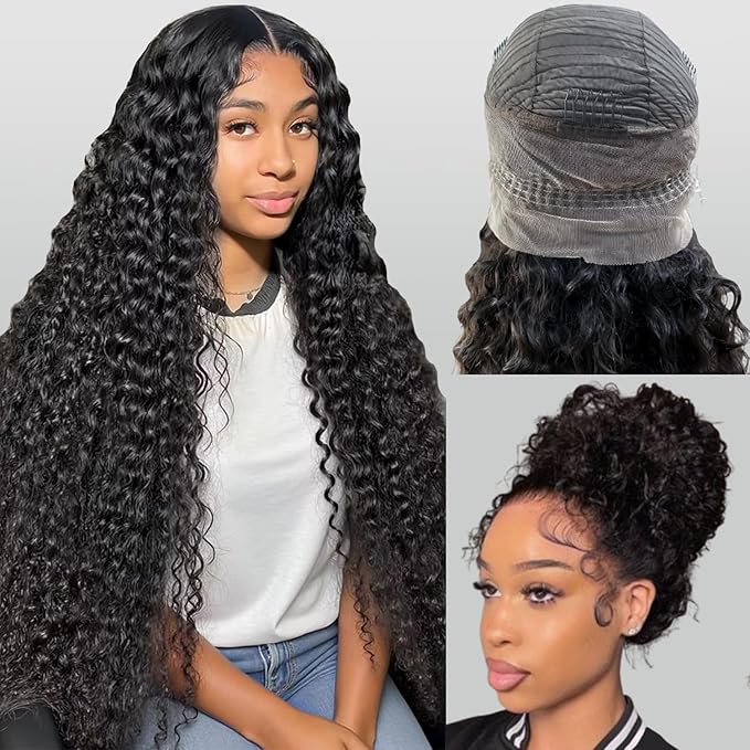 360 Glueless Drawstring Wig Human Hair 32 Inch Pre Plucked Hidden Strap 360 Water Wave Lace Front Wigs,180% Density Curly Wet and Wavy HD Full 360 Lace Frontal Human Hair Wig