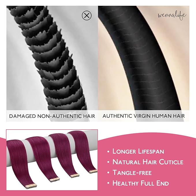 WENNALIFE Tape in Hair Extensions Human Hair Light Burgundy Tape in Extensions, 10pcs 30g 20 inch Remy Invisible Tape Ins Straight Colored Soft Real Human Hair Tape in Extensions Refill Set Extensions