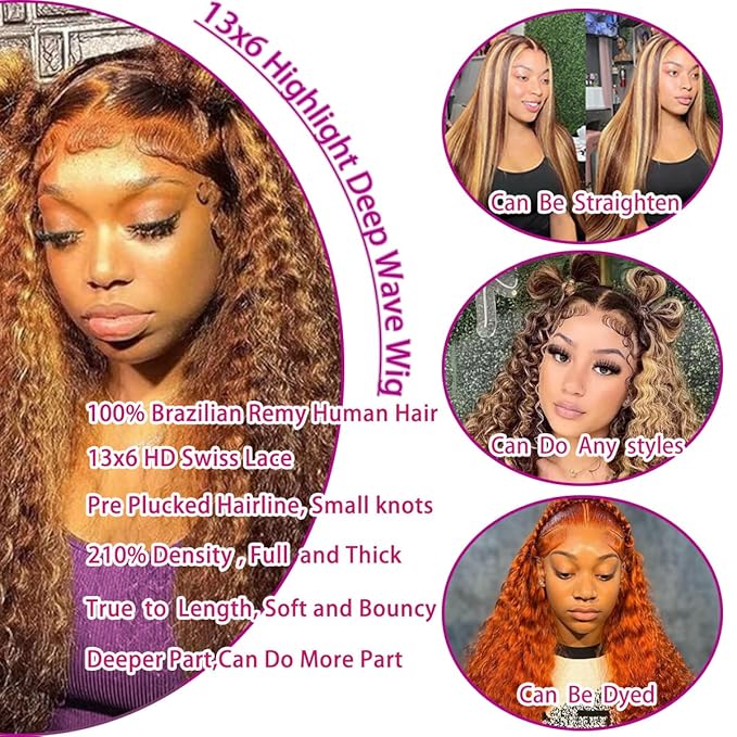 Highlight Ombre 13x6 Deep Wave Transparent Lace Front Wigs Human Hair P4/27 Highlight Curly Wig 210% Density HD Lace Frontal Wigs Glueless Wigs Human Hair Pre Plucked with Baby Hair 20 Inch