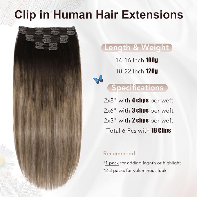 XDhair Clip in Hair Extensions Human Hair 100g 16inch 6pcs Blayage Dark Brown to Dirty Blonde Remy Real Human Hair Clip in Hair Extensions 16inch #2/6/18