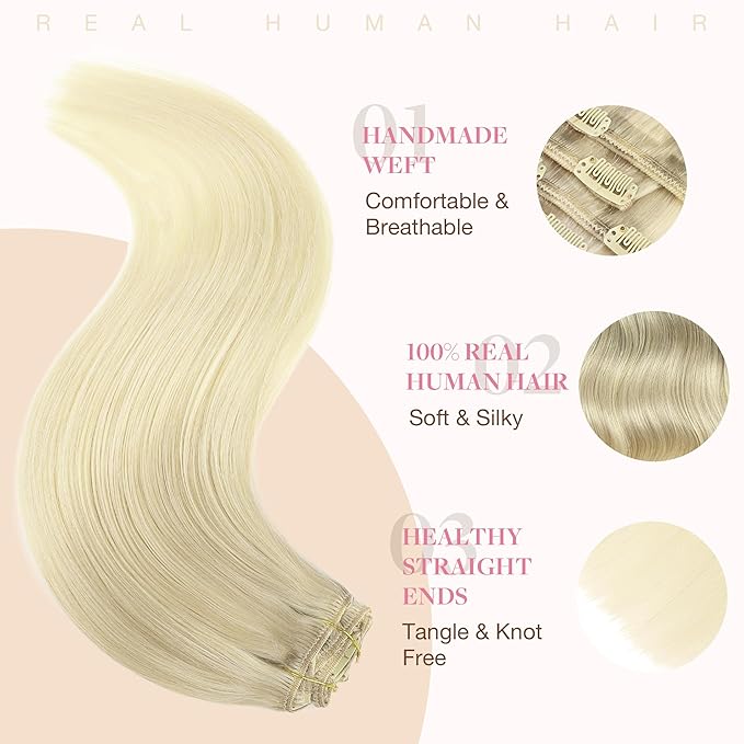 GOO GOO Clip in Hair Extensions Real Human Hair, Remy Human Hair Extensions Clip ins for Women, Natural Human Hair, 16inch 120g 7Pcs, 17/22/60 Balayage Ash Blonde and Platinum Blonde