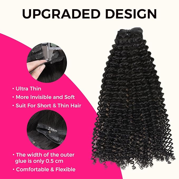 Lashey Kinky Curly Clip in Hair Extensions 110g 7pcs 16 Inch Natural Black Seamless Clip in Hair Extensions Human Hair with Soft Invisible PU Weft for Women
