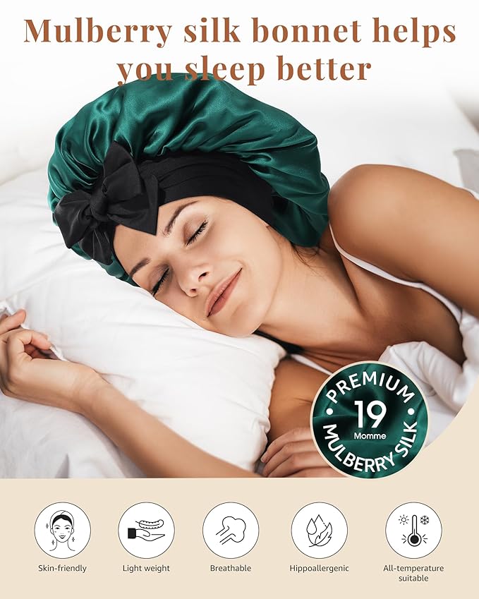 AWAYTR Silk Bonnet for Sleeping Women 100% Mulberry Silk Bonnet with Band 2 Layer Reversible Hair Bonnet Sleeping Hair Wrap (Silk, Black/Green)