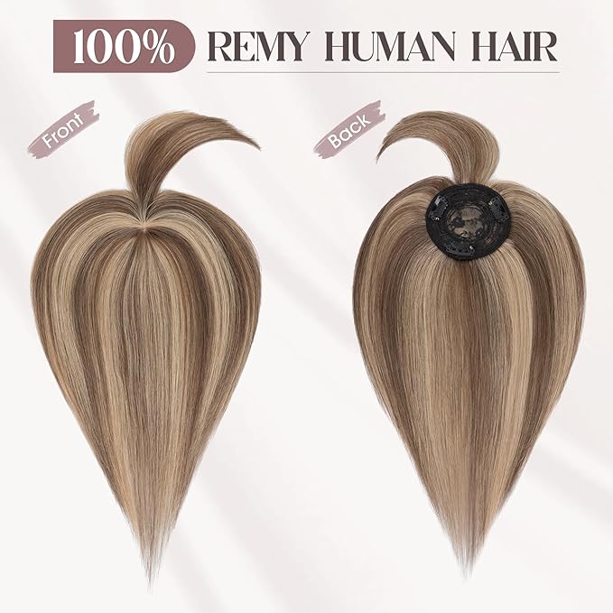 MY-LADY Human Hair Toppers for Women Real Human Hair with Bangs Thin 8.5 * 8.5CM Mono Base Clip in Remy Hairpieces Light Weight 14 Inch Medium Brown Mixed Dark Blonde