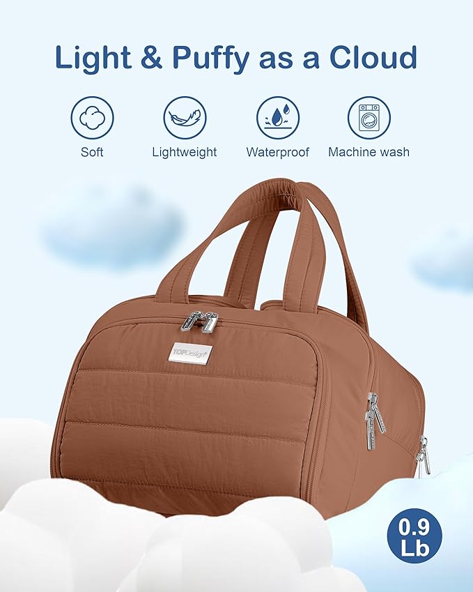 TOPDesign Travel Toiletry Bag for Women, Puffer Large Toiletry Bag, Lightweight Cosmetic Makeup Organizer with Handle for Traveling, Accessories, Essentials, Toiletries (Brown)
