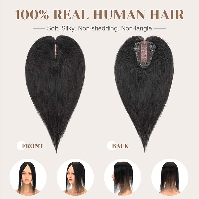 S-noilite Hair Toppers for Women Real Human Hair 3D 360° Cover Clip in 100% Real Human Hair Toppers 3″*4″ Clip in Silk Base 10 inch Jet Black