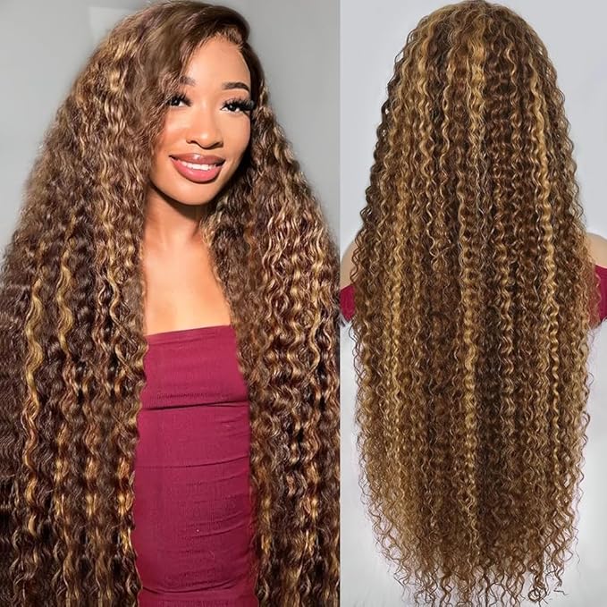 38Inch Highlight Ombre Human Hair Wigs 13x6 HD Honey Blonde Deep Wave Lace Front Wigs Human Hair 180 Density Glueless Deep Wave 4/27 Colored Wet and Wavy Curly Wig Pre Plucked for Women