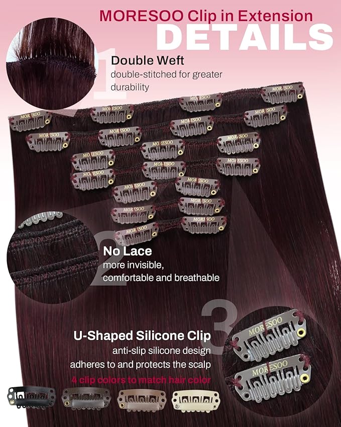 Moresoo Dark Red Clip in Hair Extensions Remy Human Hair 22 inch Red Hair Extensions Clip ins Burgundy Long And Straight 150g/7pcs 22in