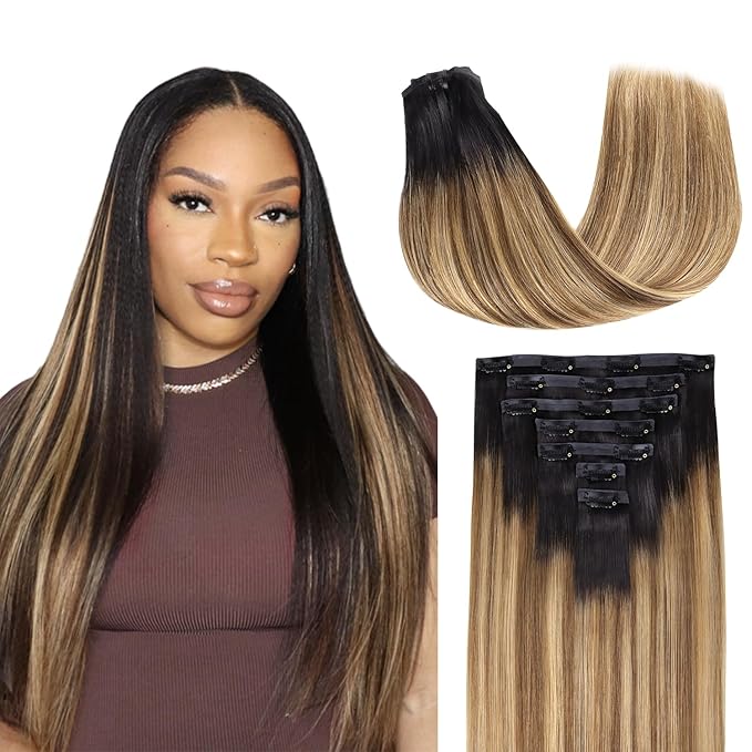 Lashey Seamless Hair Extensions Real Human Hair Clip ins 16 Inch 7pcs 110g Ombre Balayage Ash Brown to Honey Blonde with Dark Roots Hair Extensions Human Hair Straight Natural Hair for Women