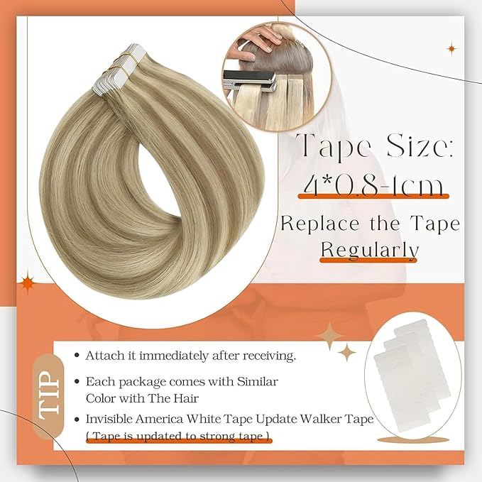 Full Shine Tape in Hair Extensions 20 Inch Human Hair Tape in Extensions Remy Hair Color 16/22 Golden Blonde Highlighted Light Blonde Hair Extensions Real Human Hair 50G 20Pcs Seamless Skin Weft Hair
