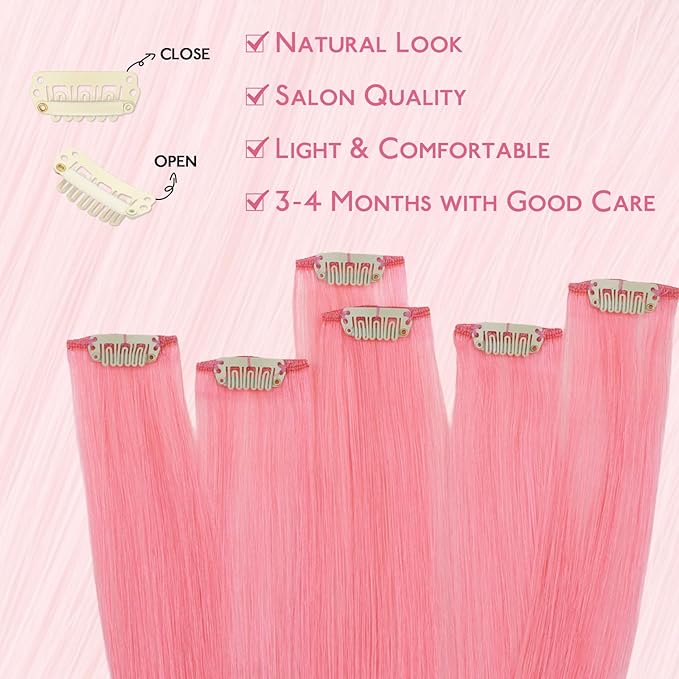 WENNALIFE Peach Pink Clip in Hair Extensions Real Human Hair 35g 6pcs 24 Inch Colored Hair Extensions for Kids Women Colorful Hair Pieces Pop-up Style Straight Extensiones De Cabello Humano Con Clip