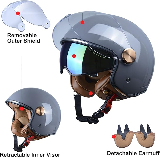 Open Face Motorcycle Helmet for Adults, DOT Approved,3/4 Retro Vespa Helmet, Dual Visors Men's and Women's Motorbike Casco for Moped Cruiser Bobber and Chopper