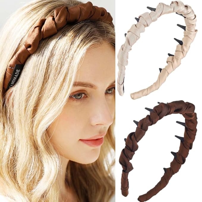Non Slip Headbands with Teeth, Pleated Polyester Comb Hair Bands for Women, 2 Pack (Brown, Beige)