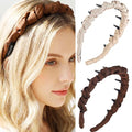 Non Slip Headbands with Teeth, Pleated Polyester Comb Hair Bands for Women, 2 Pack (Brown, Beige)