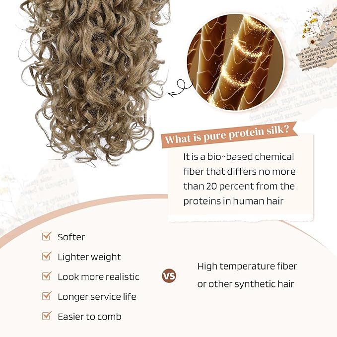 Flufymooz 100％ Pure Protein Ponytail Extension, 18 Inch Curly Claw Clip Ponytail Hair Extensions Natural Soft pony tail hairpiece for women-Ash Brown
