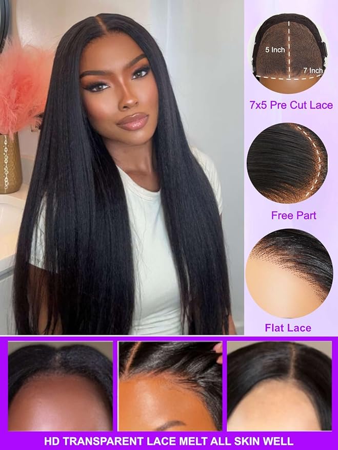 YIROO No Slip 7x5 Bye Bye Knots Yaki Straight Lace Front Glueless Drawstring Wig Human Hair with Deep Stretch Cap Fits All Head Sizes,Pre-Plucked Pre-Cut Wear and Go Wig for Women 150% Density 22Inch