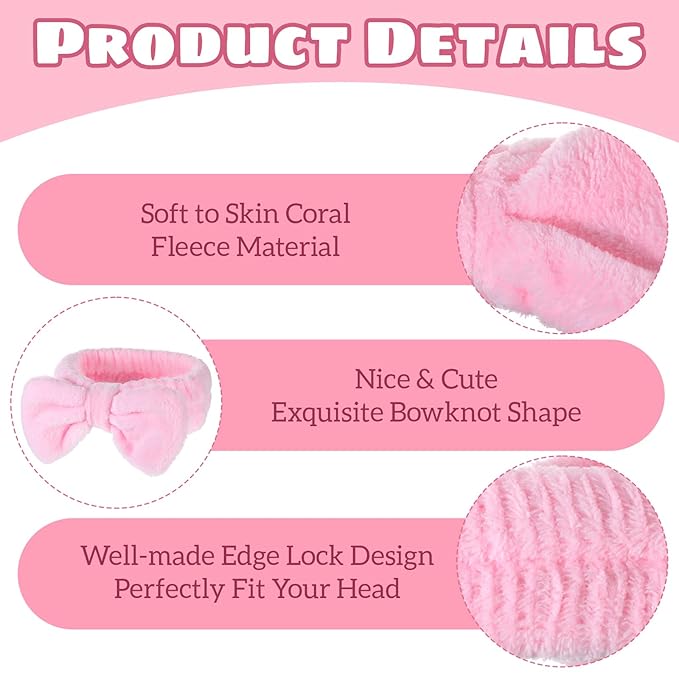25 Pcs Pink Spa Headband Bulk, Elastic Makeup Headbands for Women, Soft Coral Fleece Hair Band for Washing Face, Cute Bow Hair Bands for Face Washing Shower Skin Care Yoga