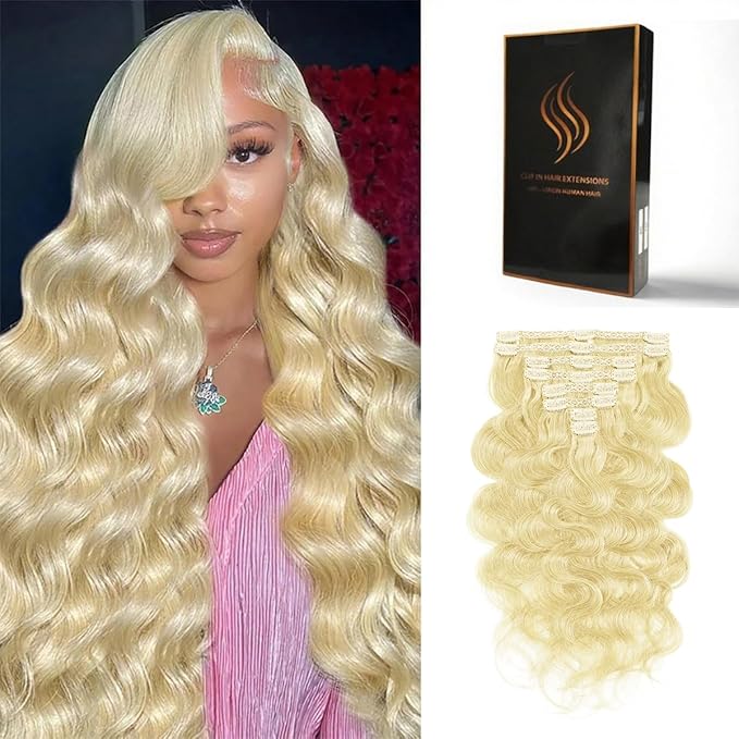 Clip in Hair Extensions Real Human Hair Body Wave 613 Bleach Blonde Clip in 100% Brazilian Remy Human Hair Extensions 8pcs Per Set with 18 Clips Double Weft 20 Inch 105g/3.6oz