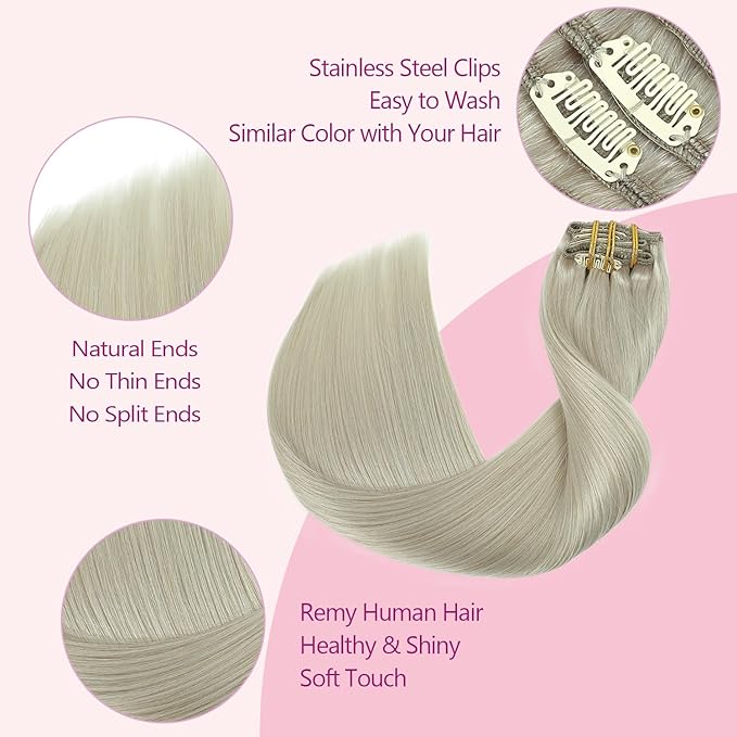 PINKPEARL Clip in Hair Extensions Real Human Hair, 14 Inch 120g 7pcs #1000 Gray Blonde Human Hair Extensions Clip Ins, Remy Hair Clip ins(#1000-14)