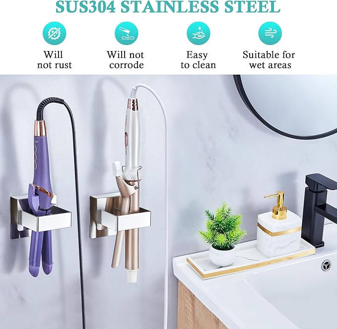 Straighteners Holder Wall Mounted Curling Iron Holder Metal Hair Dryer Holder for Curling Wands Accessories Adhesive Hair Tool Organizer Flat Iron Holder for Bathroom Barber Shops Vanity (Sliver)
