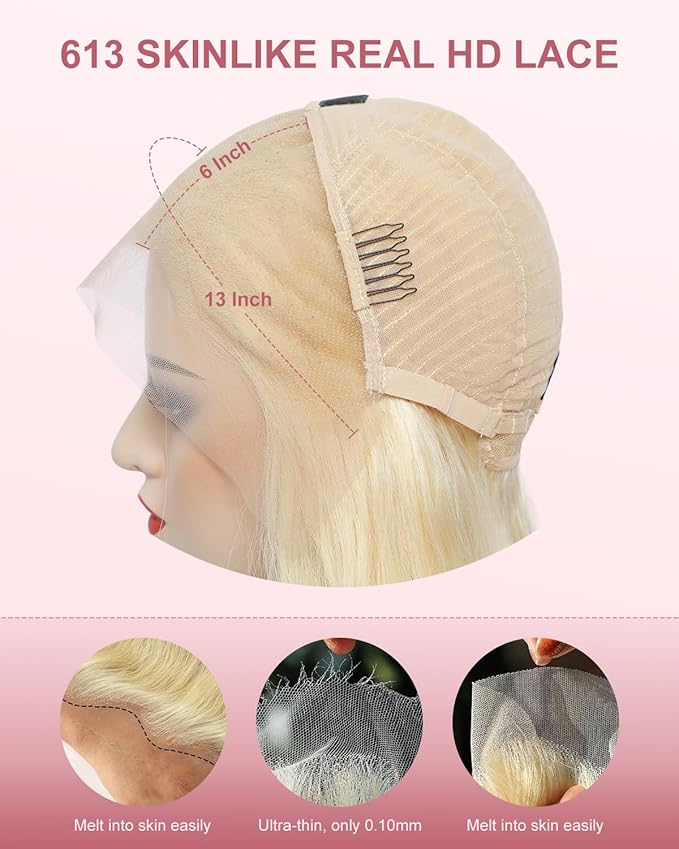 Real Hd 613 13x6 Lace Front Wig Human Hair Pre Plucked Bleached Knots 200% Density 0.10mm Ultra-Thin Invisible Lace Blonde Wig Human Hair Body Wave For Women 28 Inch