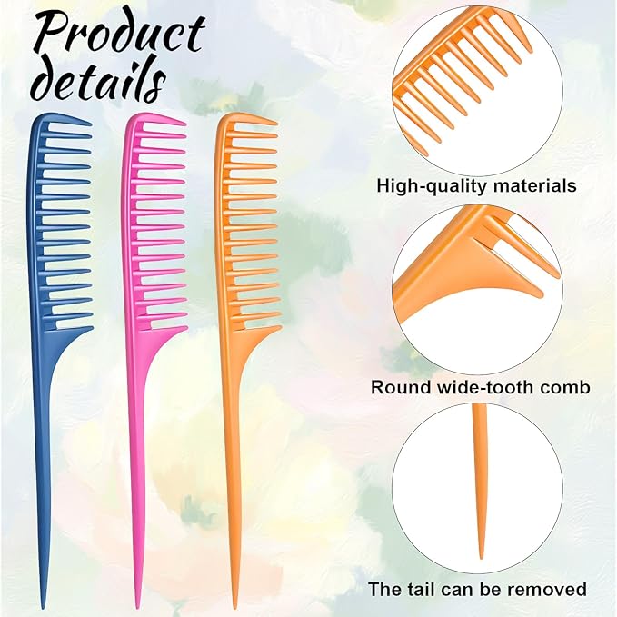 Wide Tooth Rat Tail Comb Set for Sectioning Styling Heat Resistant and Anti-Static Hair Detangling Combs for All Hair Types 3 Pcs (Blue + Pink + Yellow)