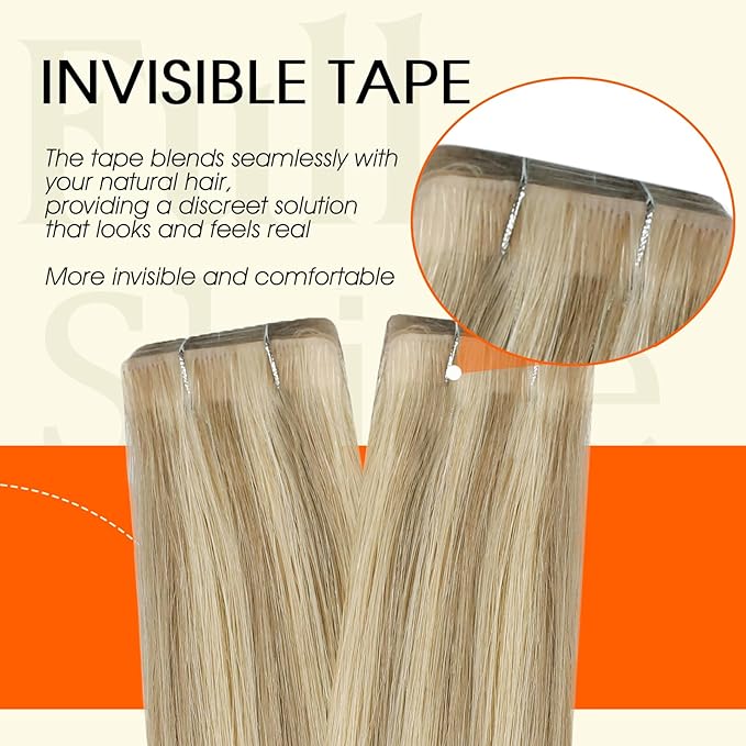 Full Shine Blonde Tape in Hair Extensions Color 16P22 Highlighted Remy Injected Tape in Extensions Bridal Hairstyles 22Inch Invisible Extension 50G 20Pcs Natural Straight Soft Skin Weft